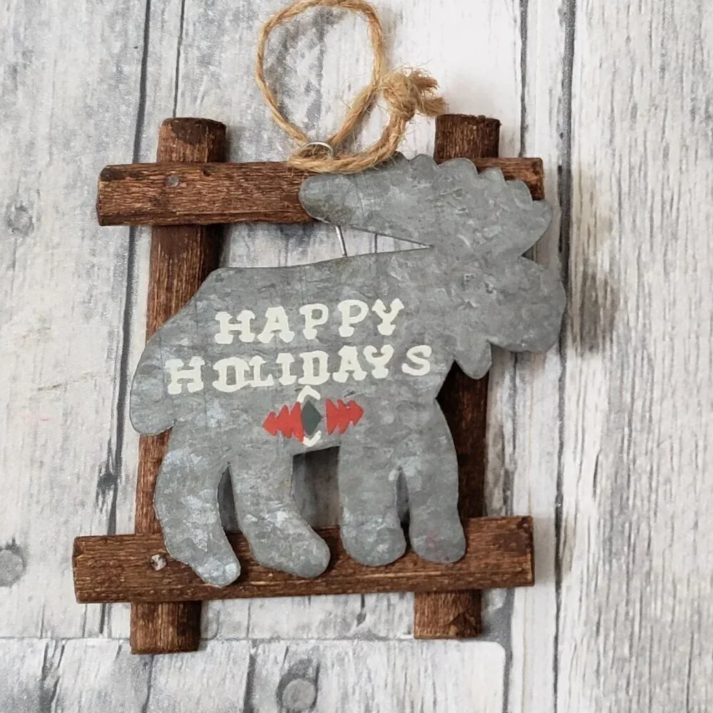 Wood and Metal Happy Holiday Moose and Deer Christmas Ornaments